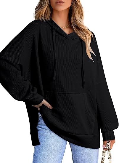 Dokotoo Oversized Hoodies for Women Casual Long Sleeve Waffle Knit Drawstring Side Slit Pullover Sweatshirts with Pocket