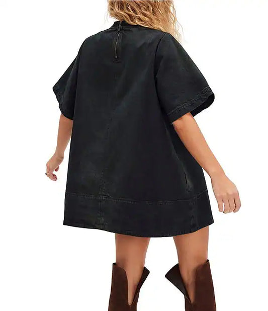 Harlow Crew Neckline Short Sleeve Denim Mini Dress