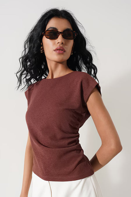 Brown Solid Gather Detail Dolman Sleeve Top