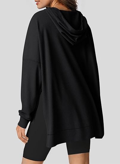 Dokotoo Oversized Hoodies for Women Casual Long Sleeve Waffle Knit Drawstring Side Slit Pullover Sweatshirts with Pocket