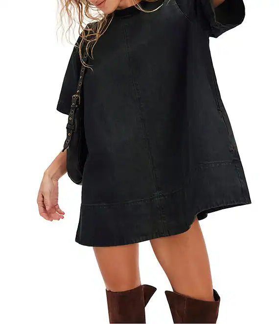 Harlow Crew Neckline Short Sleeve Denim Mini Dress